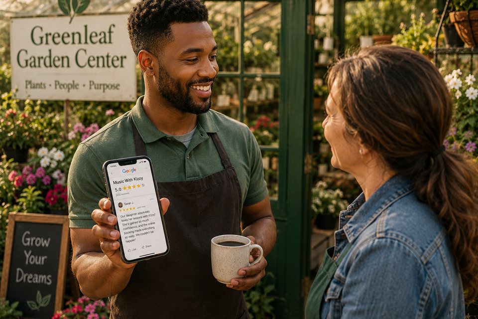 Garden center owner showing an employee an online review