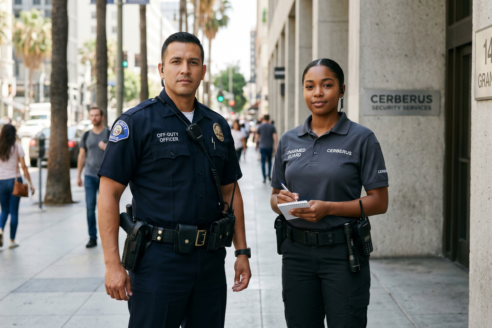 Off duty police officers and professional unarmed security guards for hire in los angeles  hollywood  san diego  sacramento  and the bay area – cerberus security services.