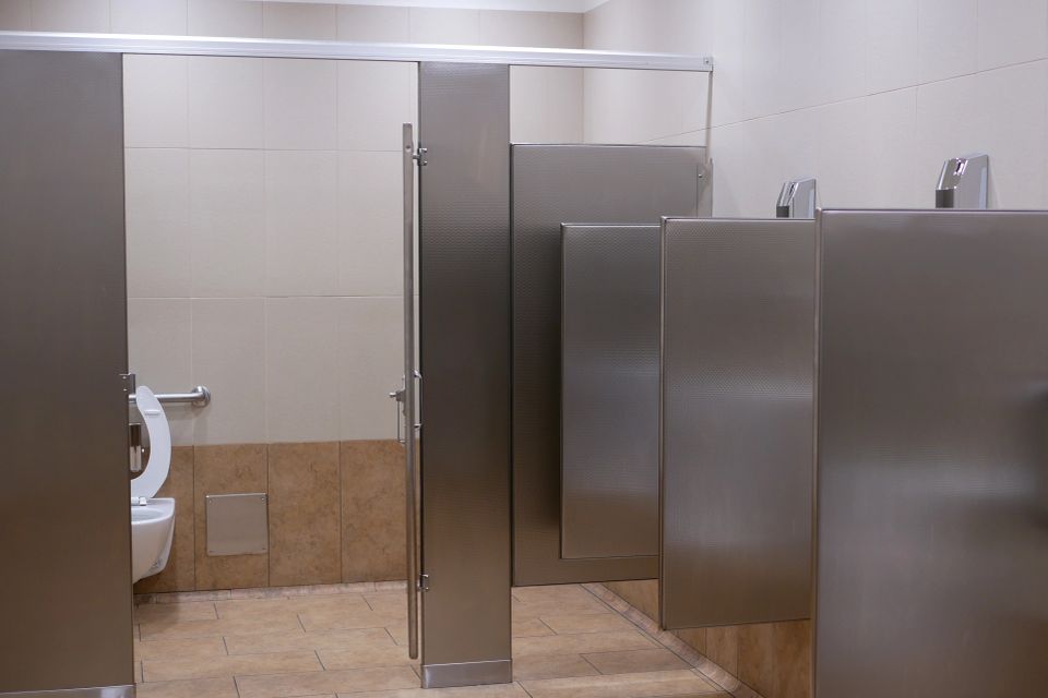 Newly installed bathroom partitions