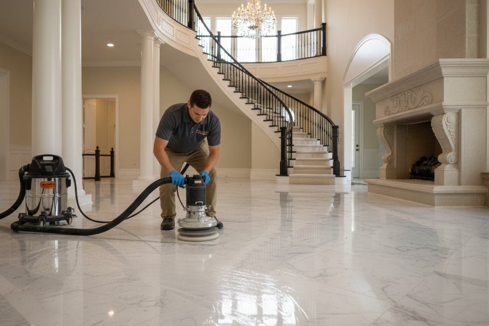 Expert technician restoring a high-gloss finish to a large-scale marble foyer in a luxury estate using professional floor honing machinery and specialized vacuum extraction.