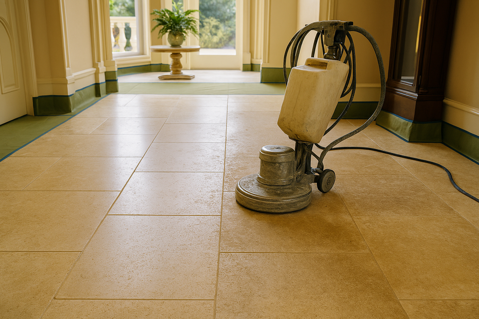 Limestone floor restoration in progress with polishing machine and visible contrast between cleaned and uncleaned tiles