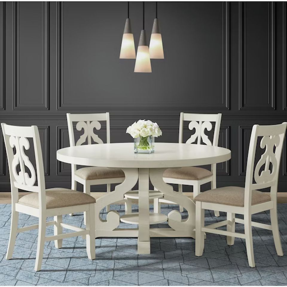 Stone round dining 5pc lifestyle with wooden swirl back side chairs in white   bm