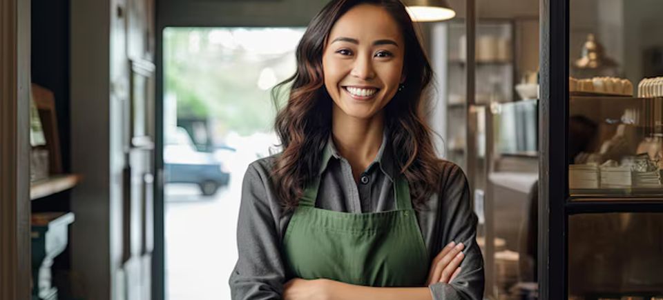 Asian female small business owner smiling front door with arms folded generative ai 61243 10226