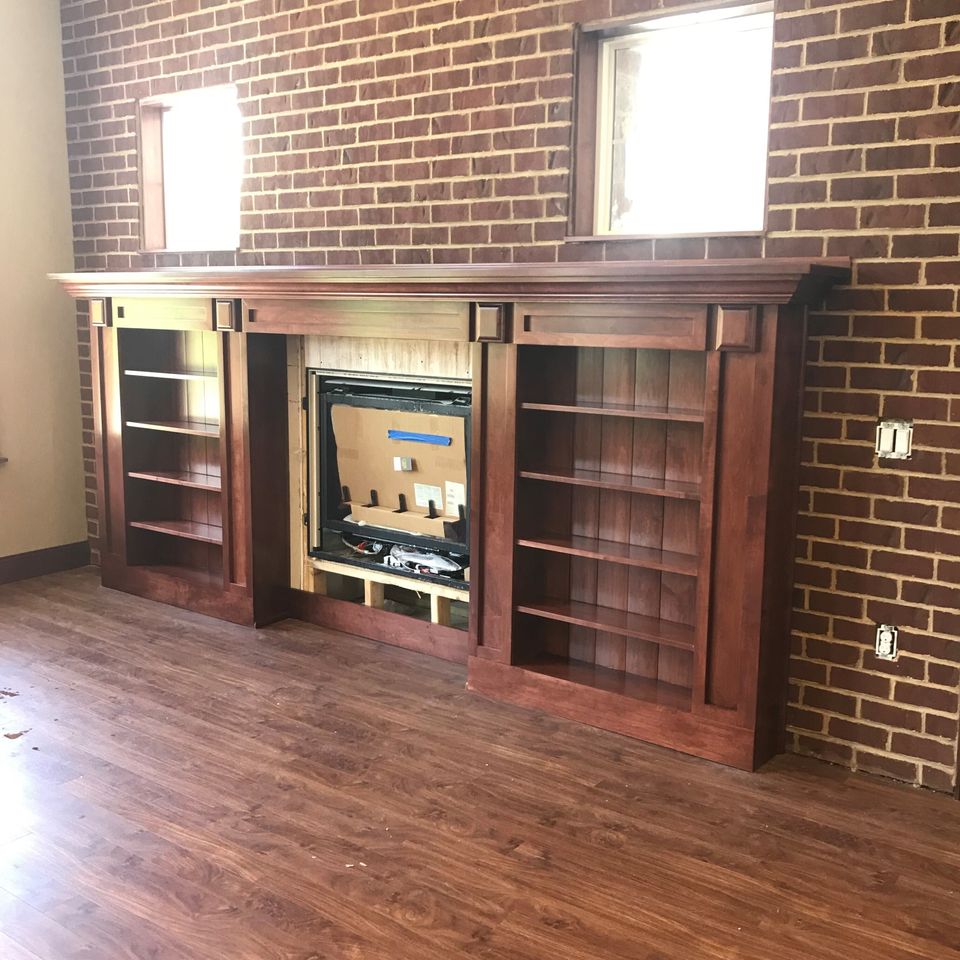 Linx clubhouse fireplace wtih shelves