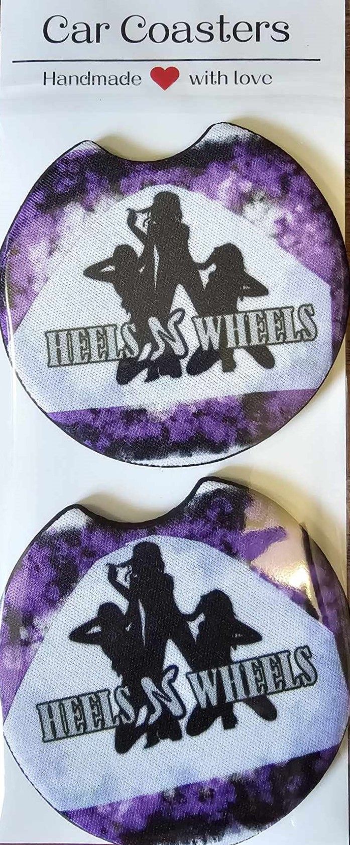 Set of handmade car coasters featuring the Heels 'n Wheels logo and purple-themed design.