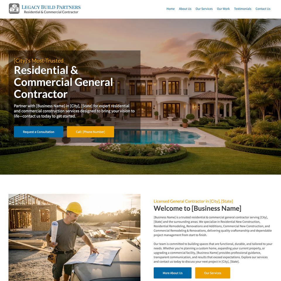 Residential commercial contractor website design theme