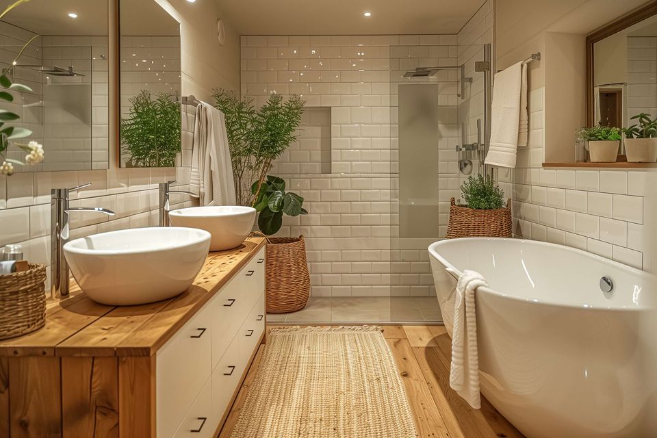 Modern bathroom remodeling design with freestanding tub, double vanity, and tiled shower