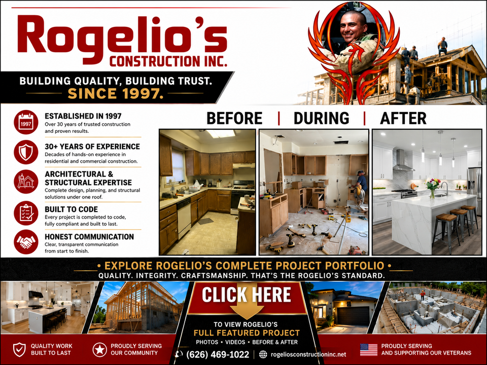 Rogelio's Construction complete project portfolio featuring ADU, home remodeling, kitchen renovation, before and after projects in Orange County. Click to explore more.