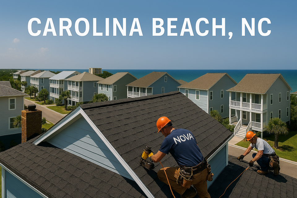 Nova Roofing employees installing asphalt shingles on a coastal home in Carolina Beach NC with oceanfront houses and palm trees in the background