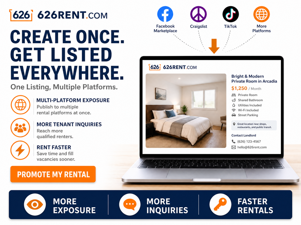 626Rent multi-platform rental listing service showing one property advertised on Craigslist, Facebook Marketplace, TikTok, and 626Rent.com to generate more tenant inquiries and faster rentals.