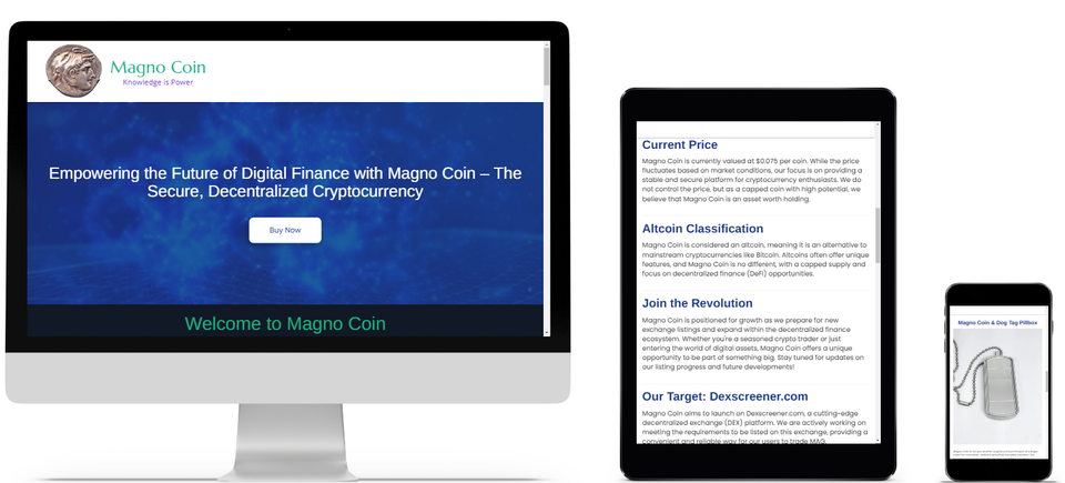 Magno Coin cryptocurrency website shown on desktop, tablet, and smartphone with secure digital finance features, decentralized token info, and crypto purchase options.