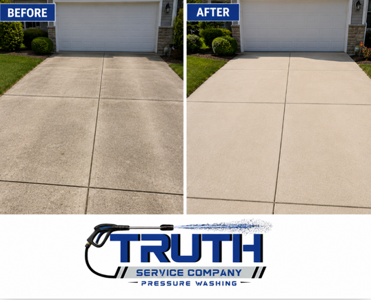 Before and after photos of a driveway after pressure washing.