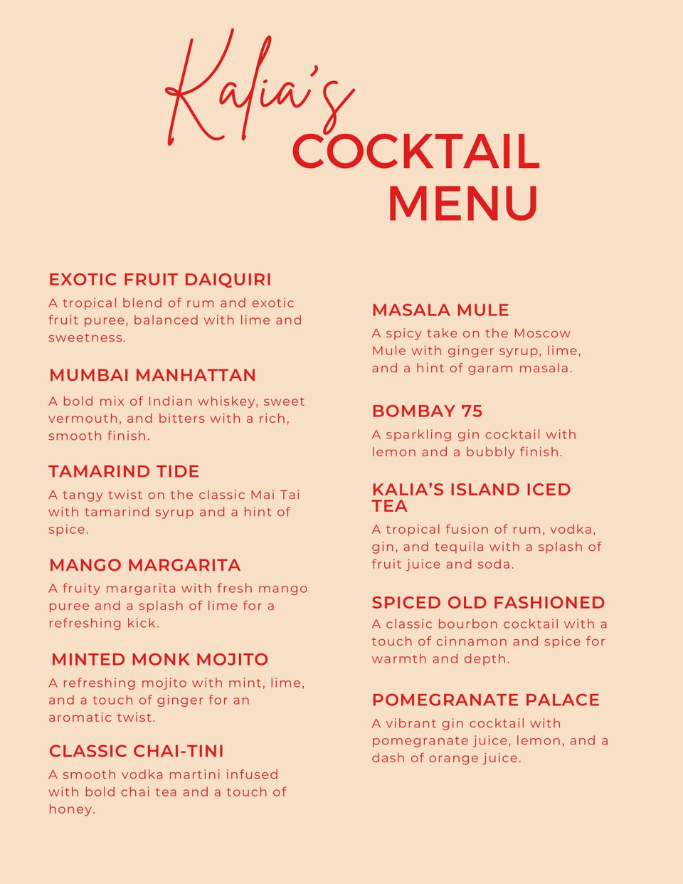 Kalia cocktail menu