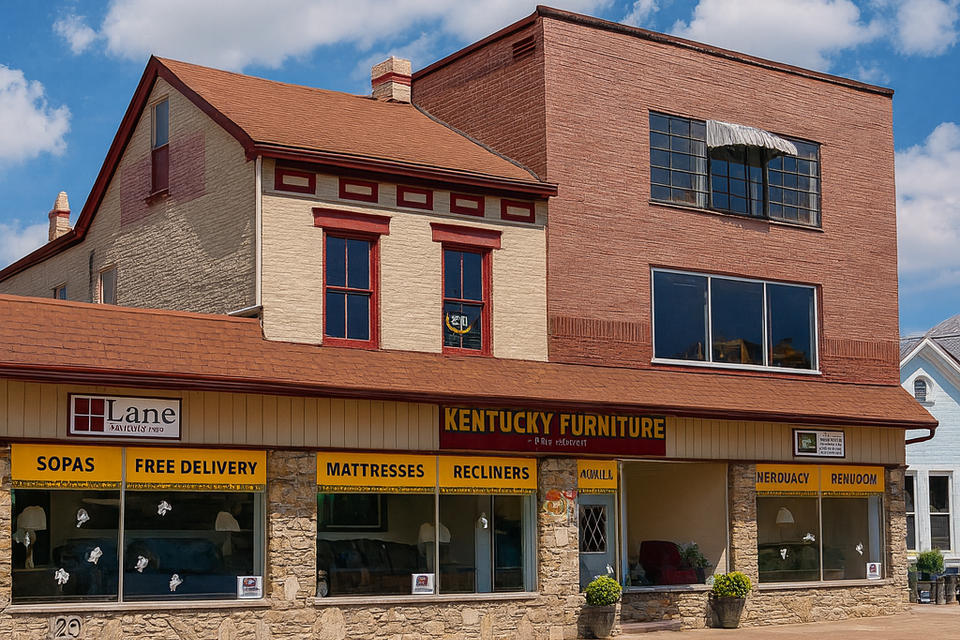 Exterior of Kentucky Furniture storefront with large display windows, brick facade, and signage advertising sofas, mattresses, recliners, and free delivery.