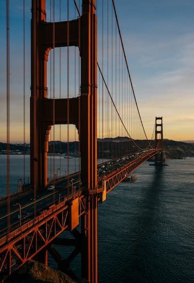 Golden Gate Bridge at sunset taken from the northern part of the bridge