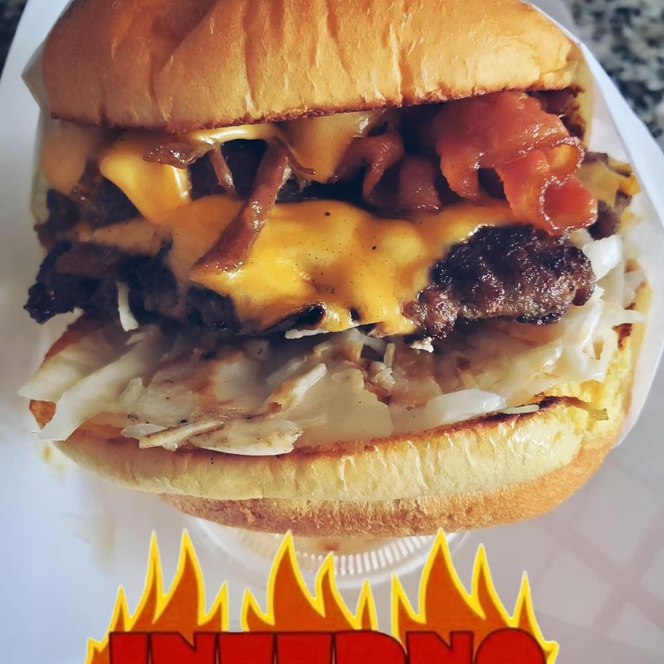 Hamburger with cheese and bacon at Inferno The Restaurant in Sound Beach