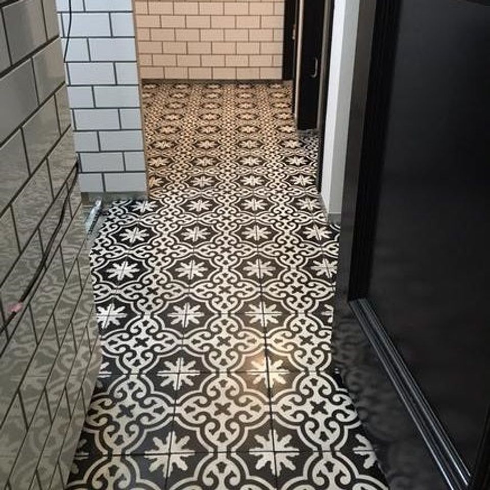 Bocassio 8x8 cement tile, RHI Home Improvements Clayton, clayton bathroom remodeling