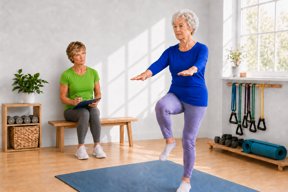 Personal trainer assessing an older woman’s balance and mobility