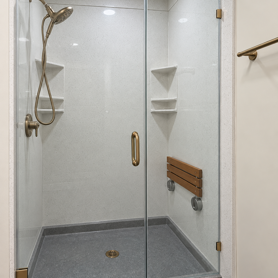 Modern brass hardware walk in shower