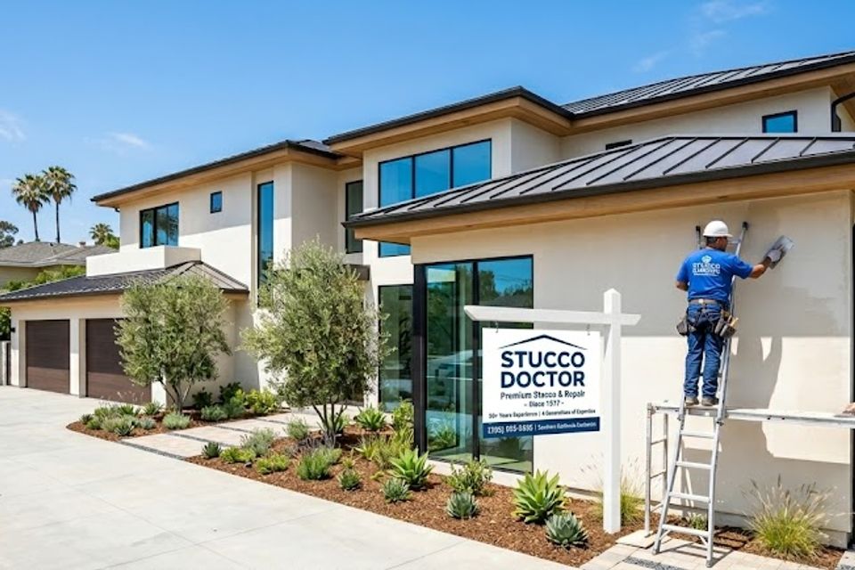 Stucco repair specialists working on residential home exterior in Southern California