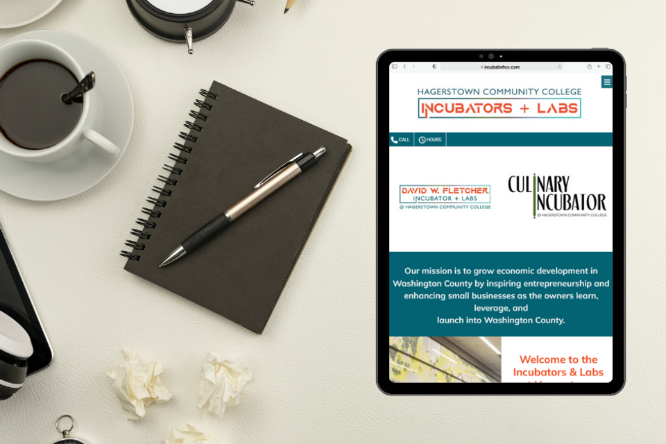 Tablet displaying the David W. Fletcher Incubator and Labs website for Hagerstown Community College with mobile-first layout promoting entrepreneurship in Washington County.