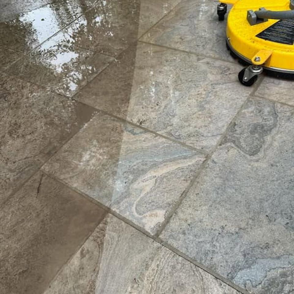 Surface cleaner pressure washing stone patio tile and removing built-up grime