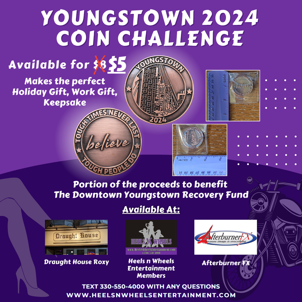 Promotional flyer featuring the Youngstown 2024 Coin Challenge commemorative coin and fundraising information.