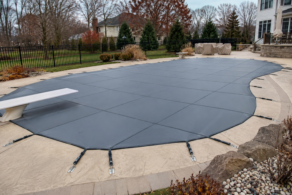 Gray mesh safety cover secured over a freeform inground pool with diving board for winter closing