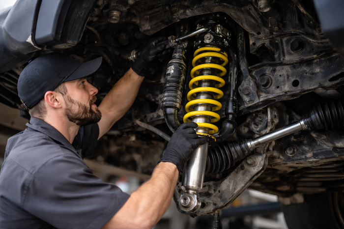 Mechanic replacing a truck shock absorber during steering and suspension repair in Missouri City, TX