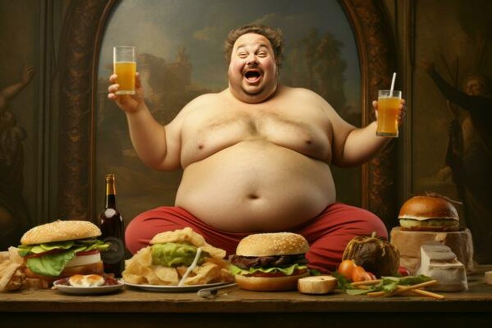 Fat man eats burger and drinks soda generate ai photo