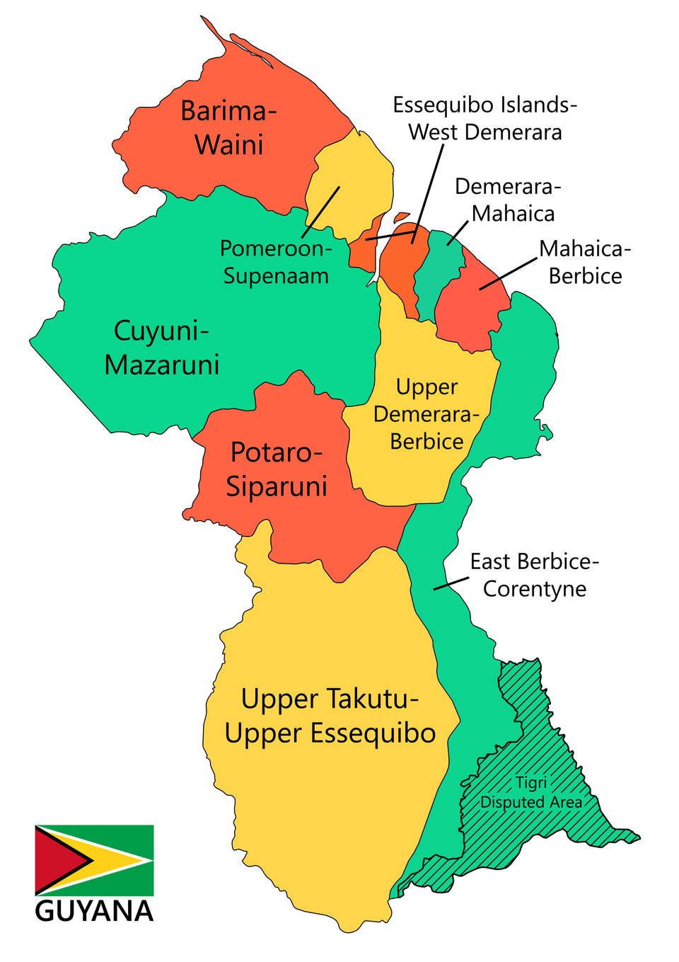 Regions of guyana   outline map with region names colored