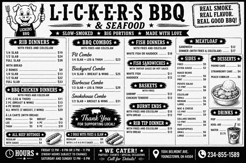 Lickers BBQ Food Menu