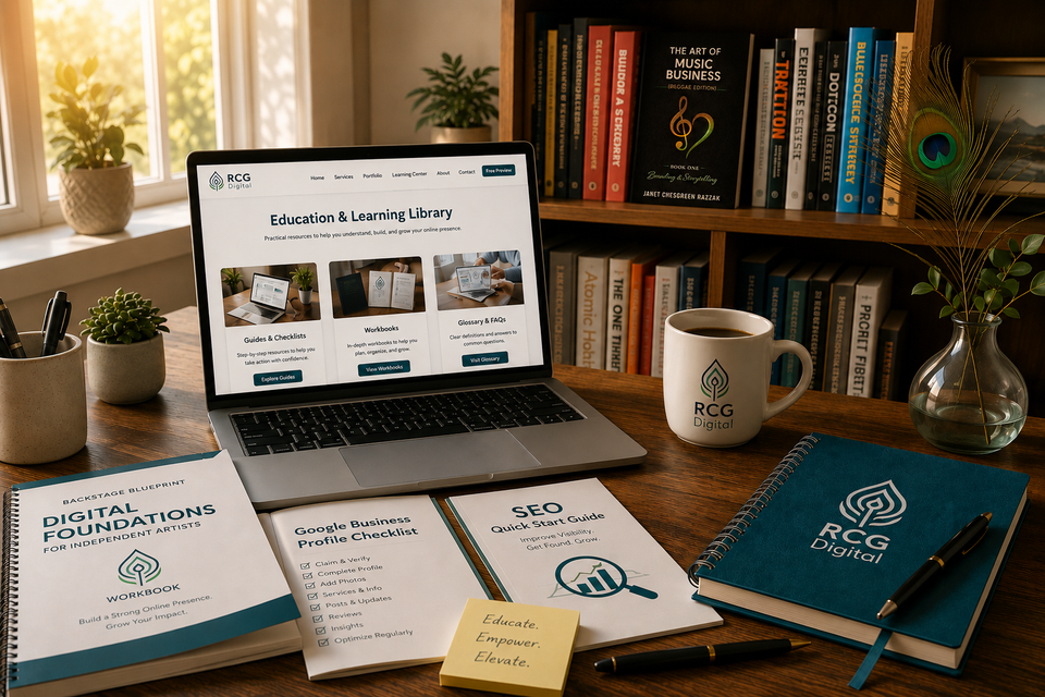RCG Digital Learning Center and digital education resources on a desk