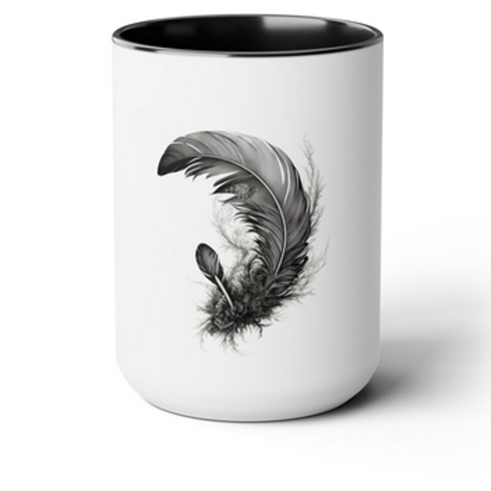 Black feather on mug with black inside