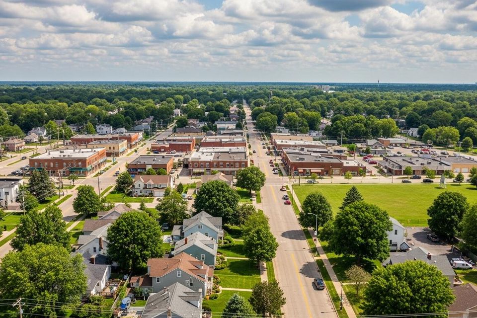 Aerial view of Macomb Township Michigan residential neighborhoods with tree-lined streets and family homes