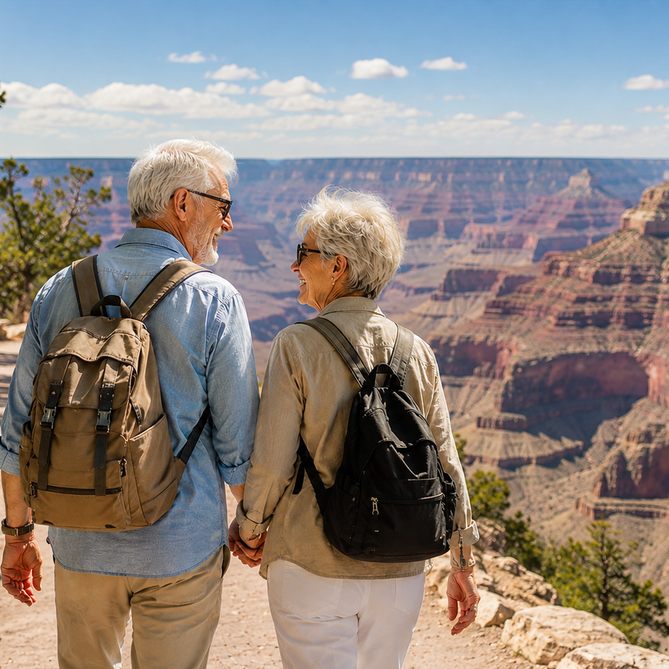 Active senior couple walking near the Grand Canyon