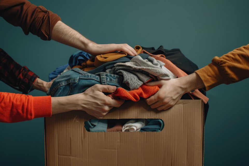 People donating clothes cardboard box