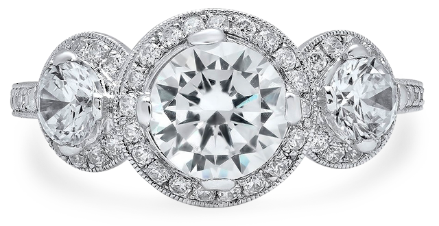 Custom design three stone halo ring at deangelis jewelers