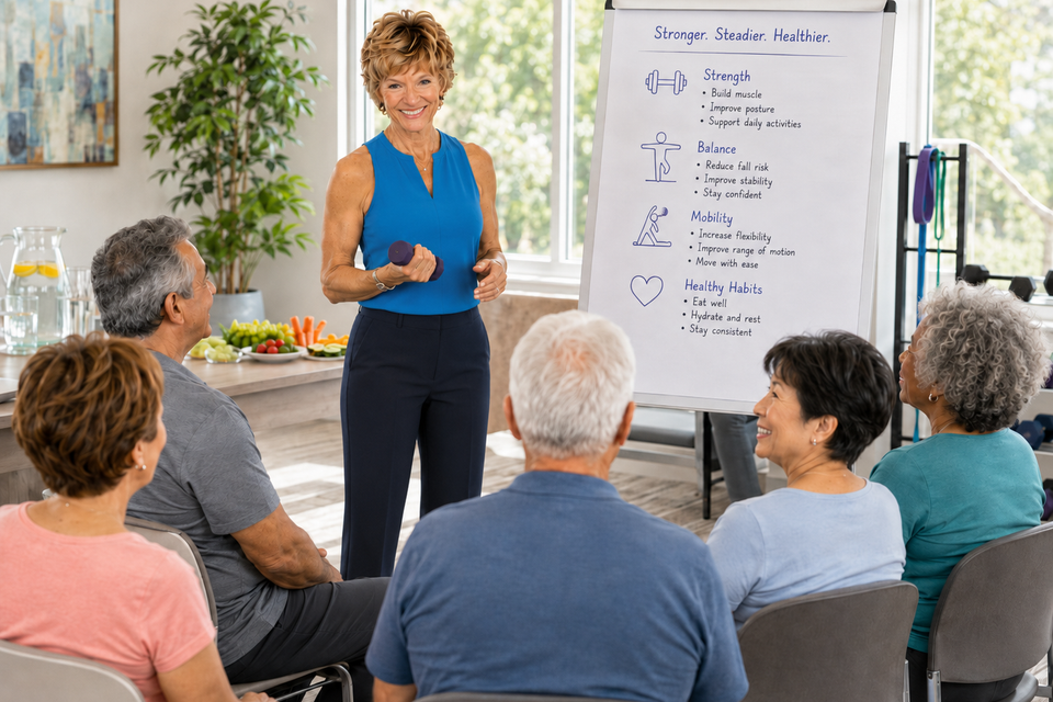 Dianne Cumberland leads a fitness and wellness workshop for a diverse group of older adults