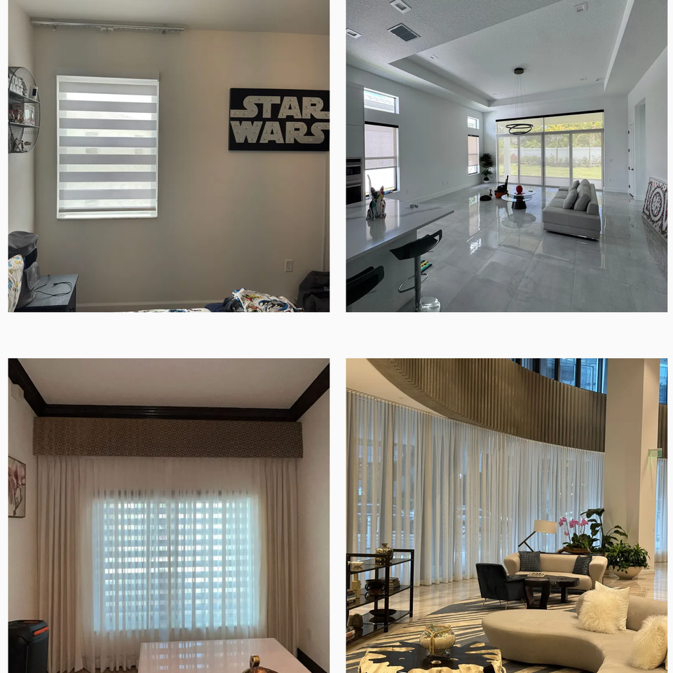 BJ&S Blinds installations of zebra shades in bedrooms, sheer curtains in living and commercial areas, and roller shades in a modern open-concept home