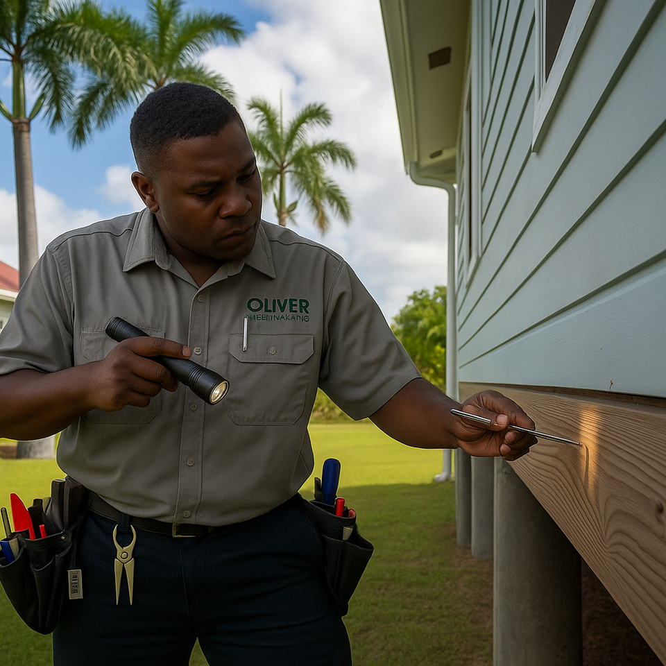 Professional termite inspector examining wooden structures in St. Croix home