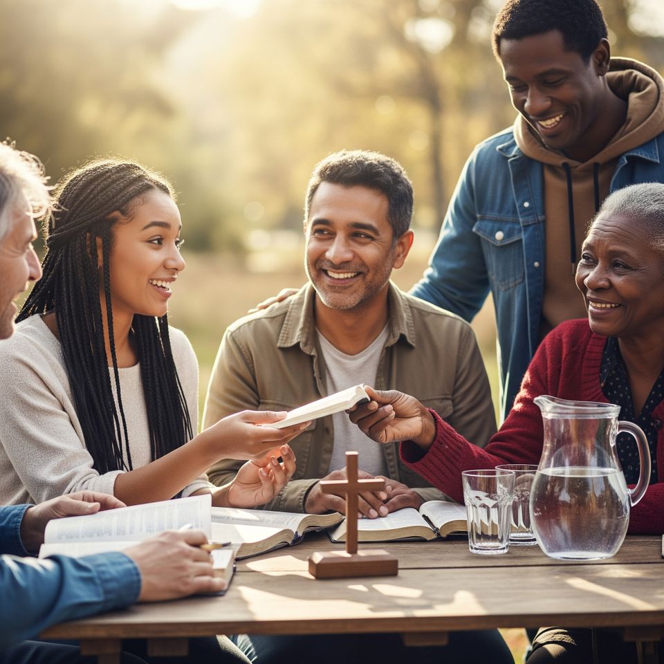 People sitting around a table outdoors having a bible discussion.