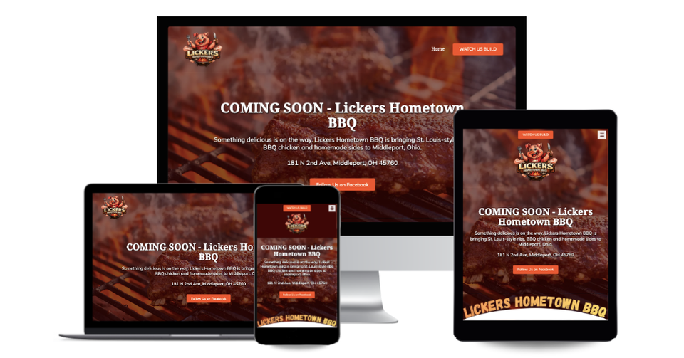 Lickers Hometown BBQ website displayed across desktop, laptop, tablet, and mobile devices.