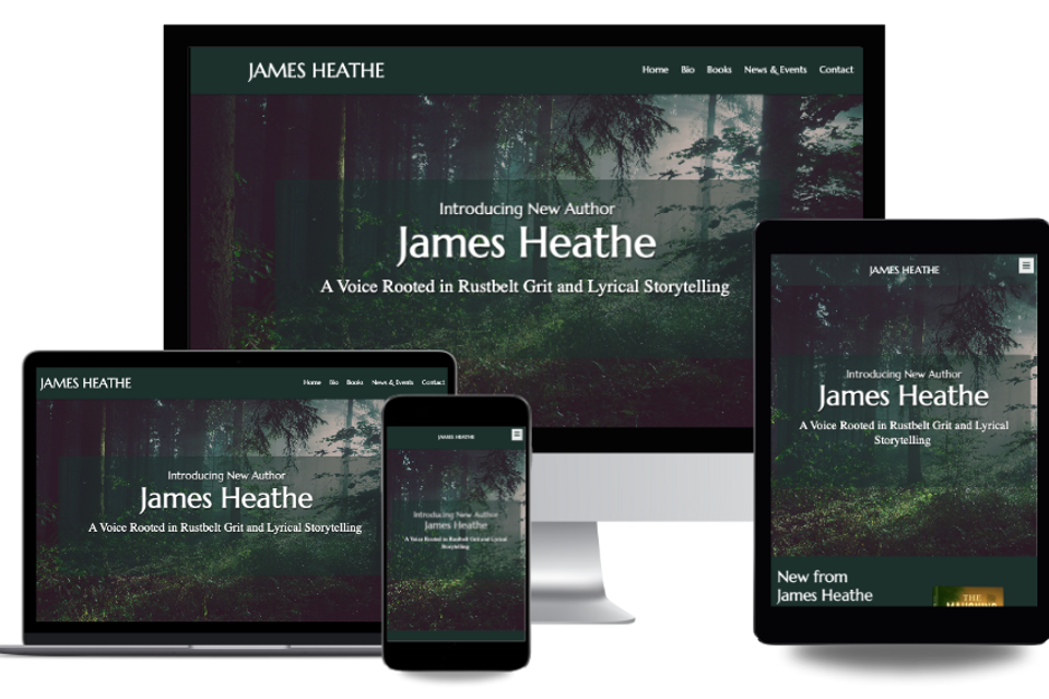 Responsive website for James Heathe displayed on a desktop computer, laptop, tablet, and smartphone, designed by EzSites4U Web Design.
