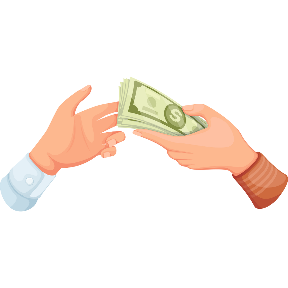 Illustration of one person handing cash to another, representing payment for sold diabetic supplies.