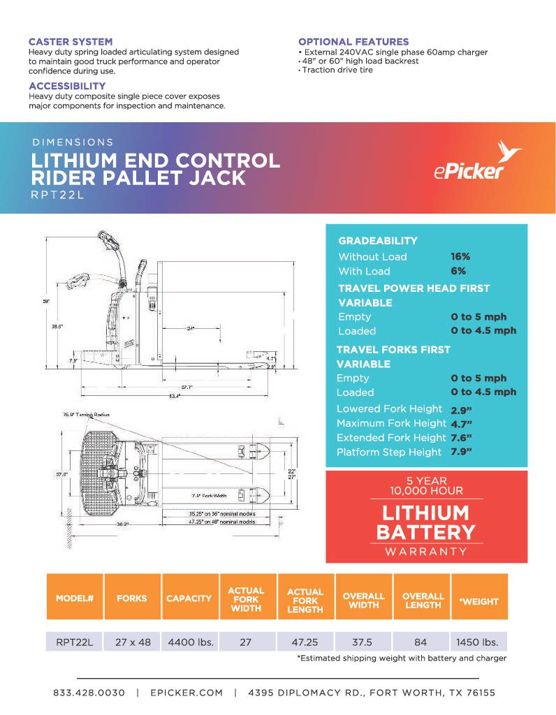 Lithium end control pallet jack rpt22l1024 2