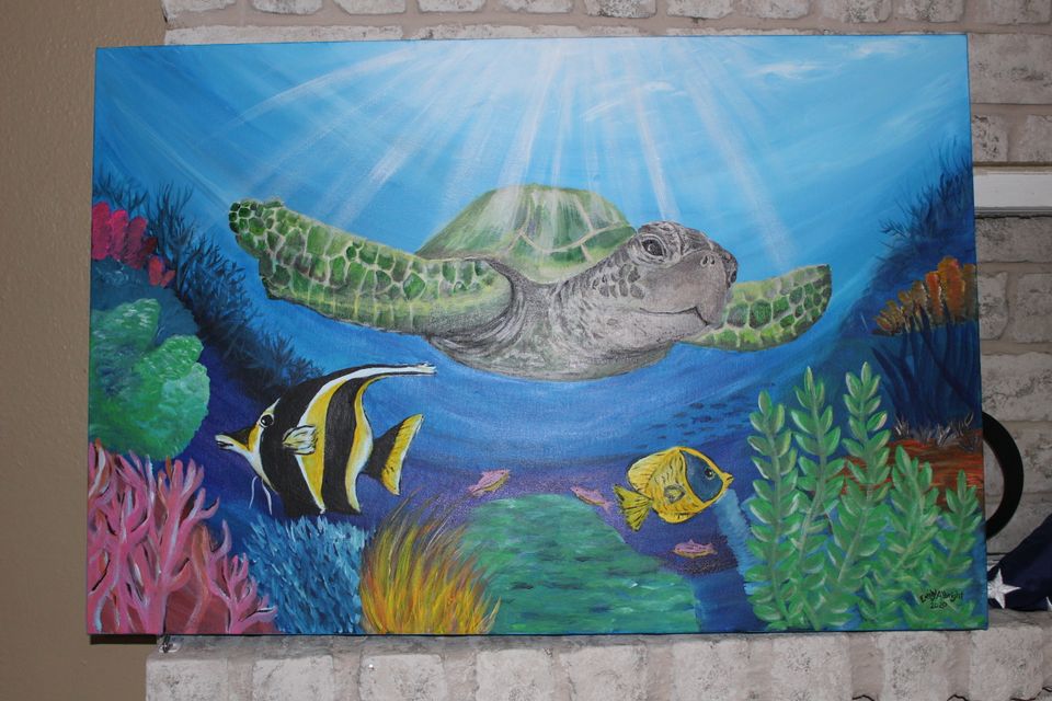 ocean reef bottom sea turtle angelfish acrylic painting artwork by artist Emily Albright