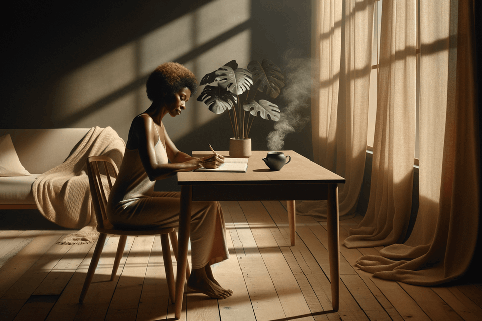 A wellness practitioner sitting at a minimal wooden desk writing in a journal, warm afternoon light through linen curtains, a steaming cup of tea nearby, soft sage and cream tones, editorial photography style