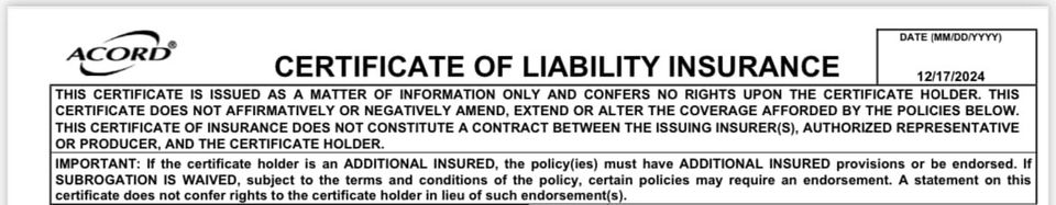 Certificate of liability insurance