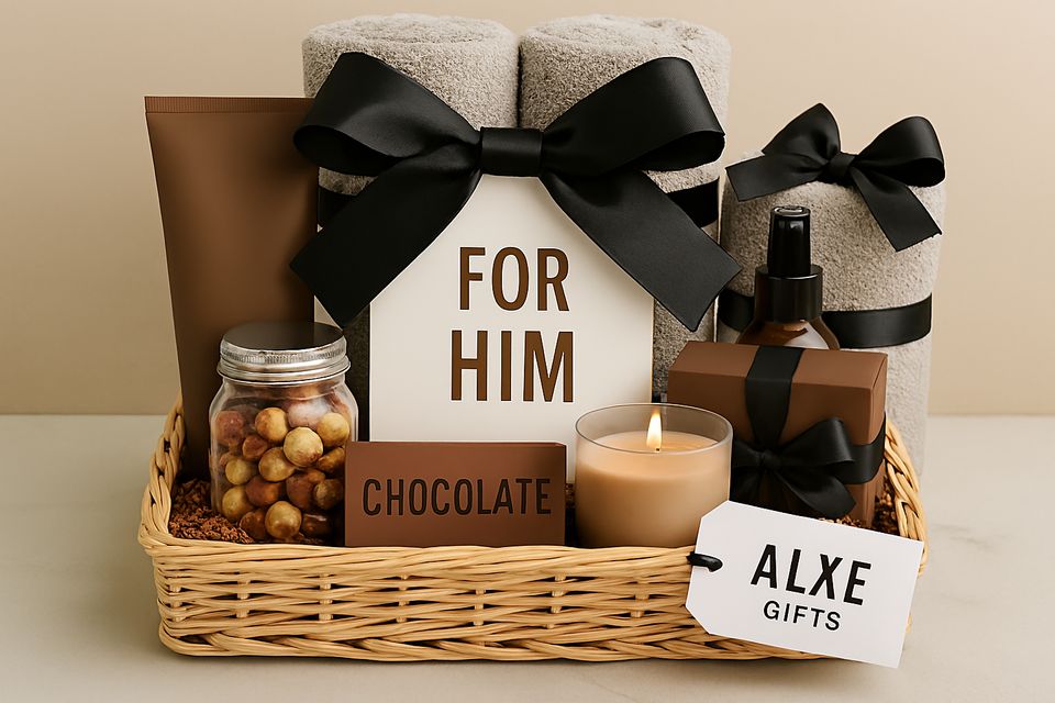 Gift basket labeled ‘FOR HIM’ with gray towels, grooming products, chocolate, nuts, candle, and a small gift box, all in neutral ton Gift baskets for him